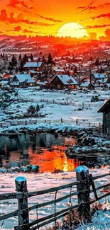 Serene winter village at sunset with snow and vibrant colors.