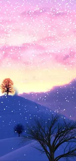 Serene winter sunset with snowy hills and bare trees under twilight sky.