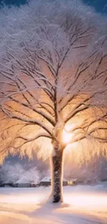 Snow-covered tree glowing warmly in winter night.