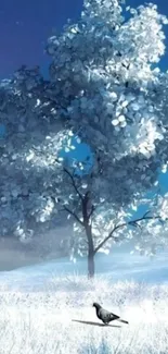 Serene winter tree with snow and dove in tranquil blue setting.