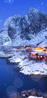 Snowy village at dusk with breathtaking cliff and serene winter landscape.