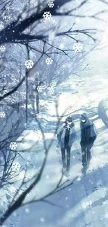 Two figures walking on a snowy path through frosty trees in a serene winter landscape.