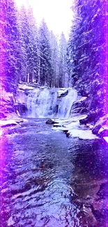 Serene winter waterfall with icy river and snow-covered trees.