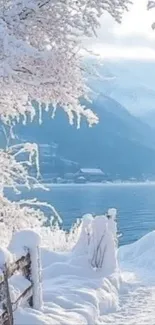 Snow-covered winter landscape with mountains and trees.