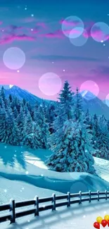 Snowy forest under a colorful sky at sunset with glowing bokeh lights.