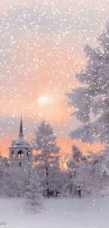 Winter landscape at sunset with snow-covered trees and chapel tower.