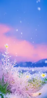 Serene winter landscape with snow and flowers under a pink sunset sky.