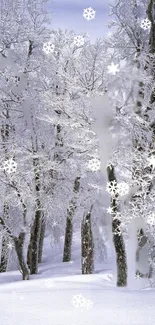 Winter wonderland with snow-covered trees and floating snowflakes.