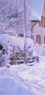 Snowy village street with cozy homes in winter.