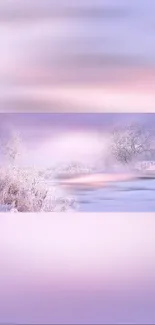 Serene winter landscape with soft purple and pink tones and snowy scenery.