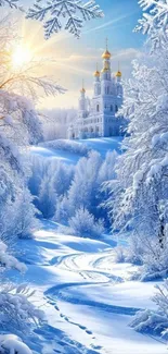 Snowy landscape with sunrise and golden-hued trees.