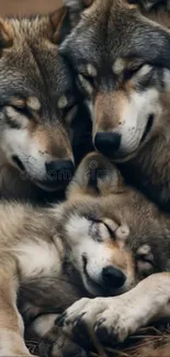 Three wolves sleeping together peacefully.