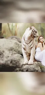 Woman in white dress sitting with white tiger in nature.