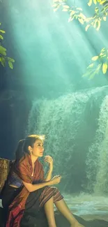 A woman sits peacefully by a waterfall, surrounded by lush greenery.