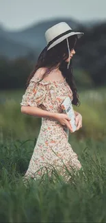 Woman in floral dress with hat walking in a green field.