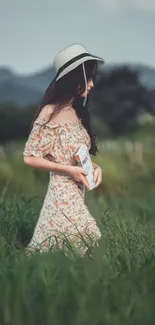 Woman in a floral dress standing in a field with a hat, surrounded by nature.