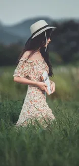 Woman with hat in a field of green holding a book.