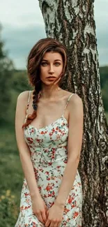 A woman standing by a tree in a serene green landscape.