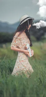 Woman in floral dress with book, greenery background.