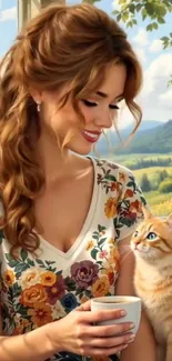Woman with cat enjoying a peaceful moment by window.