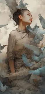 Artistic wallpaper of a woman surrounded by doves and clouds, conveying serenity.