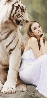 Woman seated with a white tiger in a tranquil setting.