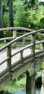 Serene wooden bridge with greenery, tranquil phone wallpaper.