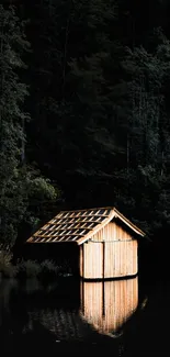 Wooden cabin reflecting in still forest waters under a serene dark green backdrop.