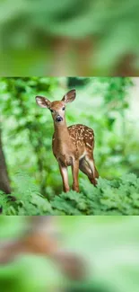 A young fawn stands in a lush green forest, surrounded by vibrant foliage.