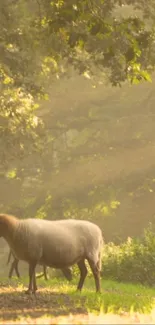 Sheep in a sunlit forest, creating a serene and natural atmosphere.