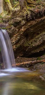 Tranquil waterfall in a lush forest setting, perfect for mobile wallpaper.