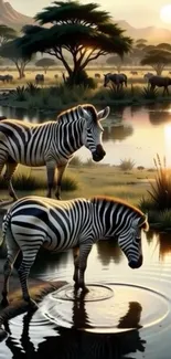 Zebras at a waterhole during sunset on the savanna, with reflection in the water.