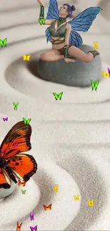 Zen sand garden with butterfly and fairy figure in calm setting.