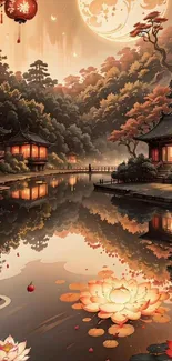 Serene Japanese water garden with reflections and pagodas.