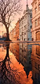 Urban street with sunset reflections.