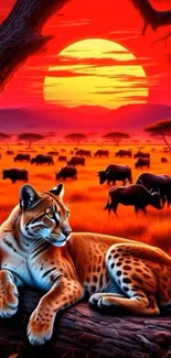 Cheetah relaxing under a vibrant red sunset in the Serengeti.