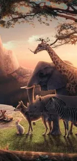 African wildlife gathered at sunset with lion, giraffe, and savannah.