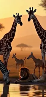 Giraffes, zebras, and lions in a sunset Serengeti scene.