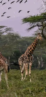 Giraffes in lush Serengeti landscape with trees and birds.