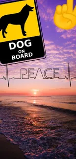 Beach sunset wallpaper with peace sign and dog on board.