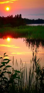 Golden sunset over a calm lake with lush green surroundings.