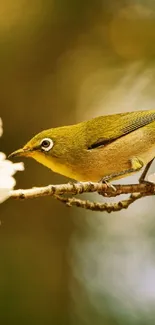 Bird perched on branch with cherry blossoms, capturing serene nature beauty.