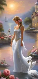 Elegant lady and swans by a serene lake at sunset.