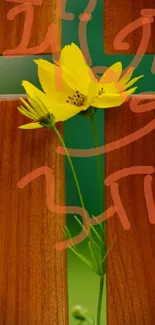 Cross shaped wood with yellow flower design.