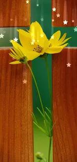 Yellow flowers through a wooden cross design, creating a serene wallpaper.