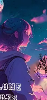 Anime scene with a girl under a dreamy night sky and serene vibes.