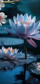 Serene blue lotus flowers on water with a dark background.
