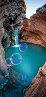 Turquoise canyon pool with waterfall and rocky walls.