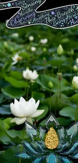 White lotus flowers with mindful text over lush green background.