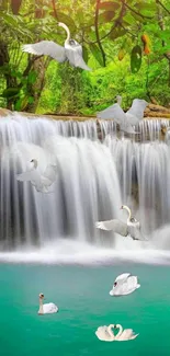 Serene waterfall scene with swans in a lush, green forest setting.